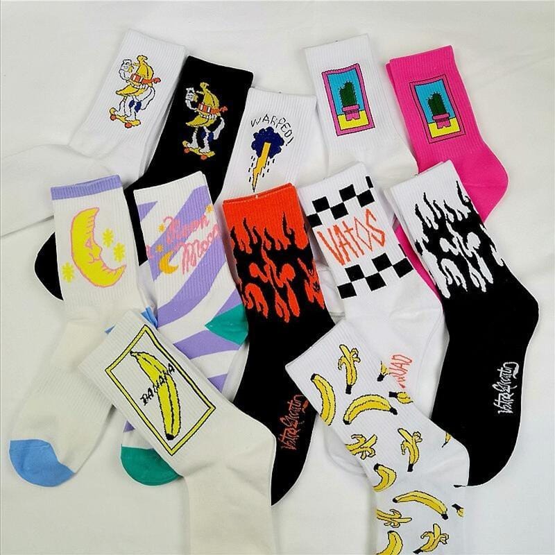 Korean style fashion fun hip hop skateboard socks street style cartoon banana cactus moon flame socks unisex happy long socks