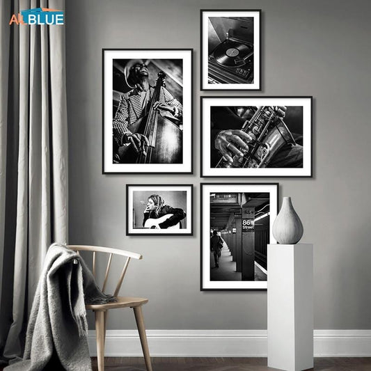 Nordic Wall Art Poster Print Band Guitar Jazz Music Portrait Canvas Decorative Painting Black White Wall Picture For Living Room