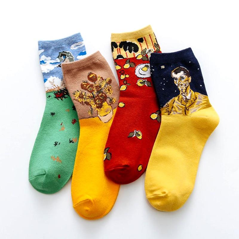 Street Fashion Van Gogh Sunflower Funny Winter Retro Oil Paint Female Cotton Socks Warm Short Art Abstract Happy Women Socks