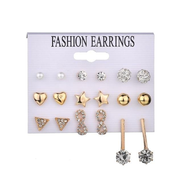 MissCyCy 25 Style Heart Flowers Infinite Symbol Stud Earrings Set 2019 New Rhinestone imitation Pearl Earrings For Women Gift