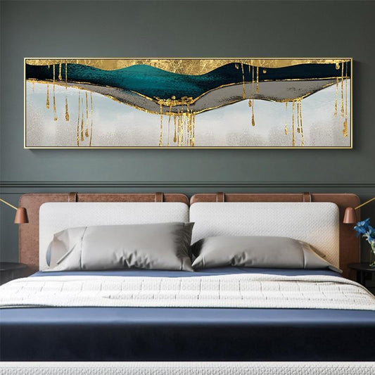 Abstract green shining gold canvas painting Golden pigment poster modern wall art pictures for living room blue print decoration