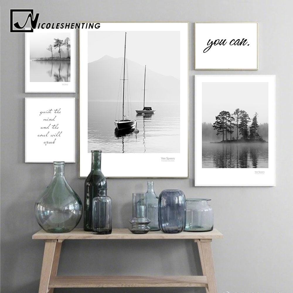 Scandinavian Landscape Canvas Poster Nordic Style Lake Boat Forest Nature Wall Art Print Painting Decoration Pictures Home Decor