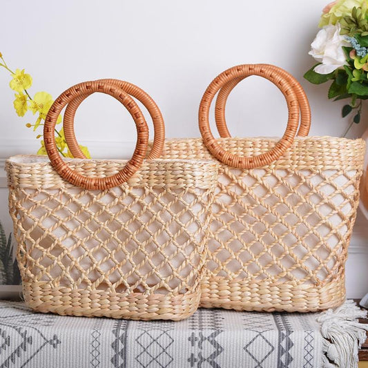 Lovevook woven straw bags women handbag with top-handle hollow out summer beach bags for travel/picnic bamboo and rattan bags