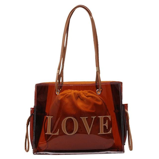 Women Fashion Transparent PVC Handbag Female Clear Brown Shoulder Bag LOVE Letter Printing Tote Bags Summer Beach Handbags XA813