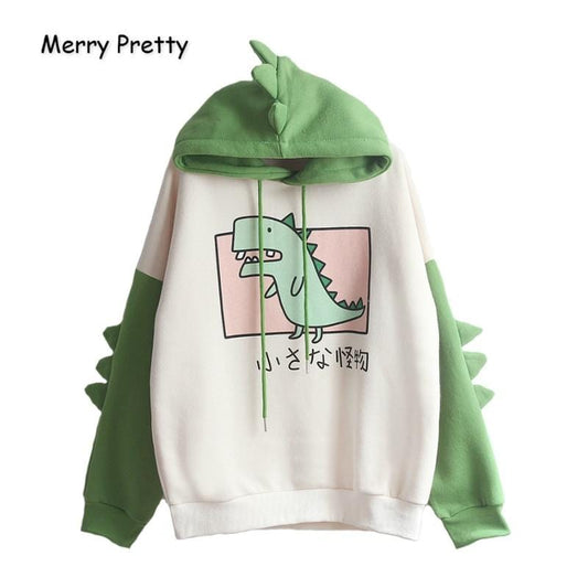 Merry Pretty Women Dinosaur Sweatshirts Hooded Warm Fleece Hoodies Pullovers With Horns Harajuku Hooded Girls Teens Green Hoodie