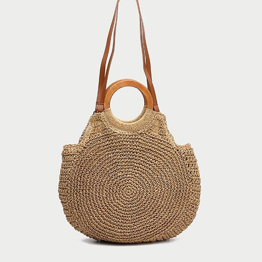 New 2020 women's Woven bag Wooden handle straw Shoulder Bags Round large-capacity beach travel handbag Crossbody bag