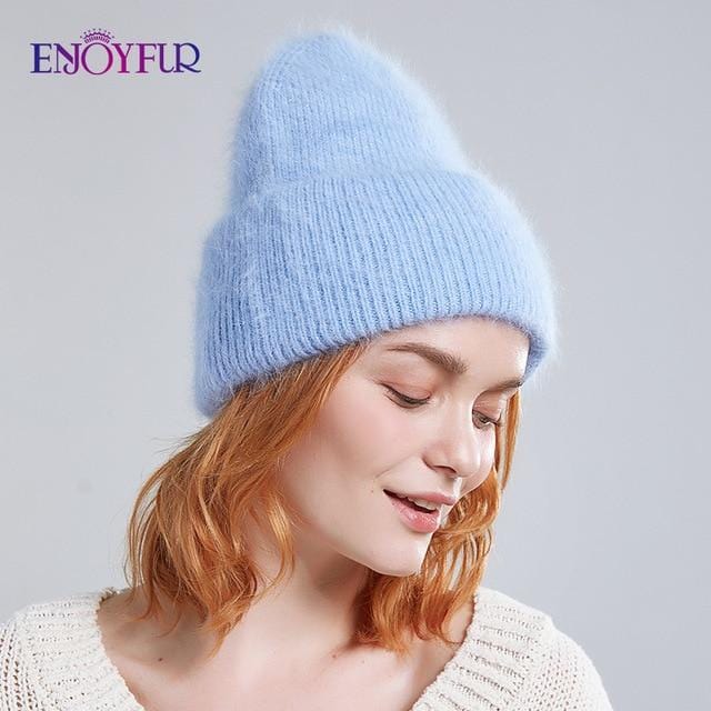 ENJOYFUR Winter hats for women warm long rabbit fur hair female caps fashion solid colors wide cuff young style beanies