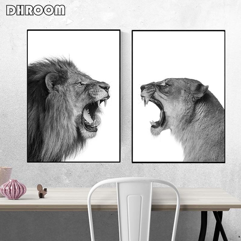 Lion and Lioness Canvas Poster Black White Woodlands Animal Wall Art Print Painting Nursery Wall Art Picture for Living Room