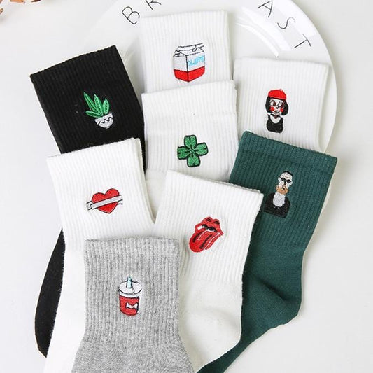 New Harajuku Women's Socks Japan Retro Embroidery Rose Cactus Cotton Literary Funny Socks for Female Gift