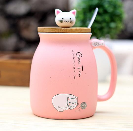 450ml Cartoon Ceramics Cat Mug With Lid and Spoon Coffee Milk Tea Mugs Breakfast Cup Drinkware Novelty Gifts