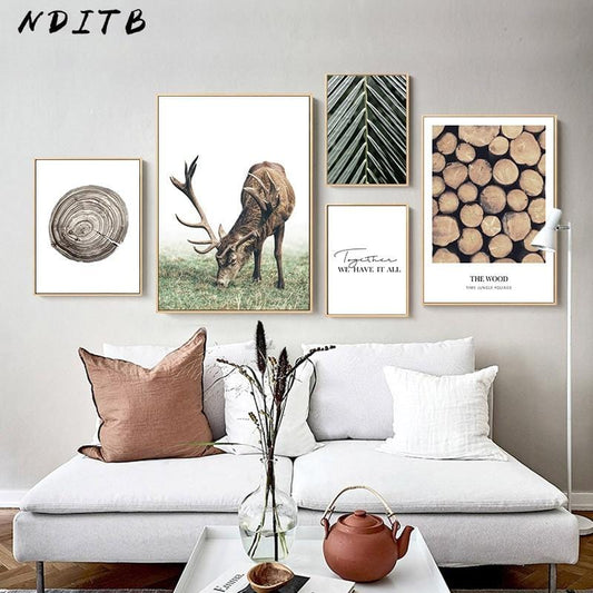 Scandinavian Poster Nordic Style Deer Wood Wall Art Canvas Print Painting Decorative Picture Modern Living Room Decoration