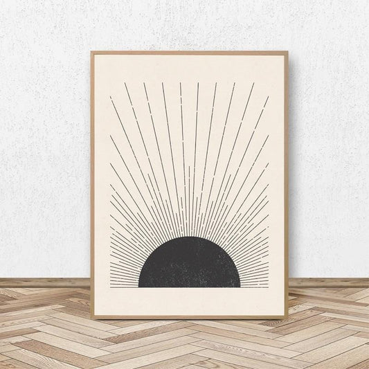 Sun Illustration Mid Century Modern Block Print Neutral Colors Style Poster Canvas Painting Wall Picture Living Room Home Decor
