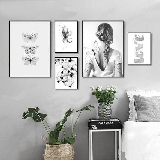 Gray Butterfly Girl Petal Love Posters And Prints Nordic Poster Wall Picture Canvas Art Wall Pictures For Living Room Unframed