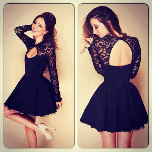 Sexy Women Floral Long Sleeve Lace Backless Evening Party Mini Dress - Ultrabasic