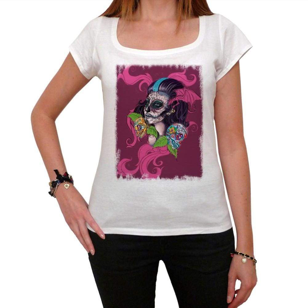 Skull Pink White Womens T-Shirt 100% Cotton 00188