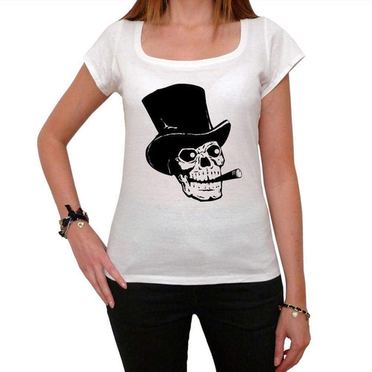 Skull With Top Hat And Cigar White Womens T-Shirt 100% Cotton 00188
