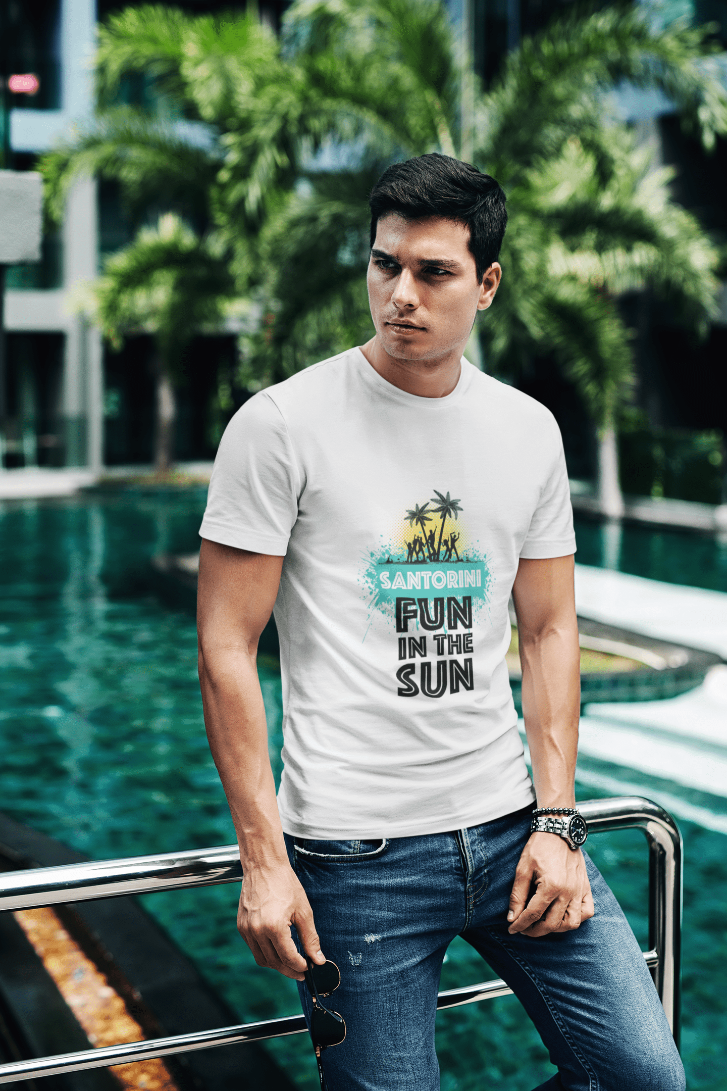 Men's Vintage Tee Shirt Graphic T shirt Summer Dance SANTORINI White Round Neck