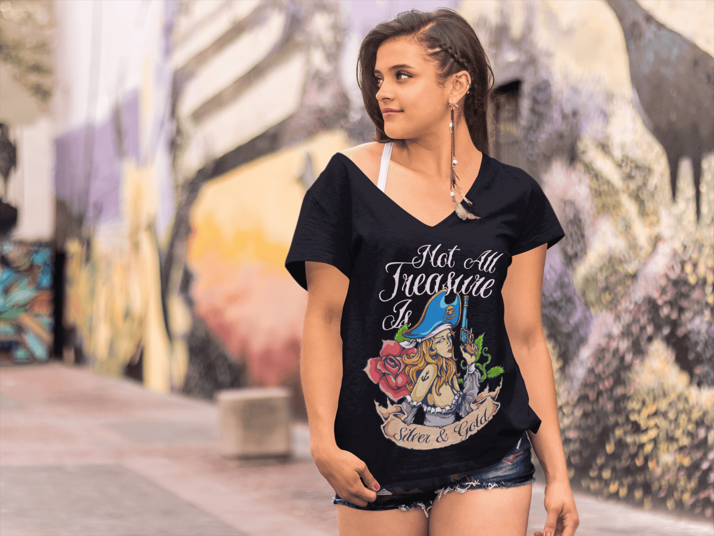 ULTRABASIC Women's V Neck T-Shirt Not All Treasure Is Silver And Gold - Pirate Girl