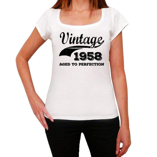 Vintage Aged To Perfection 1958 White Womens Short Sleeve Round Neck T-Shirt Gift T-Shirt 00344 - White / Xs - Casual