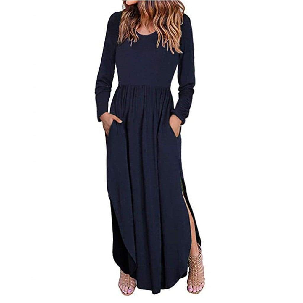 Women Loose Split Waist Swing Long Sleeve Casual Floor Length Maxi Long Dresse - Navy / L