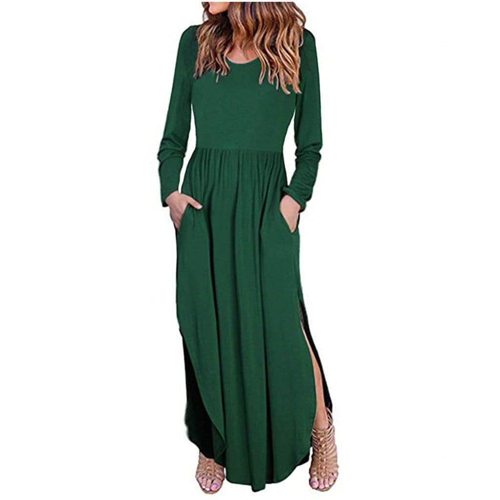 Women Loose Split Waist Swing Long Sleeve Casual Floor Length Maxi Long Dresse - Green / L